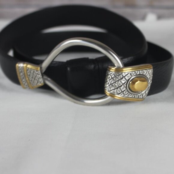 Chico\'s Woman Silver Gold Buckle Size S/M Fashion Black Belt Leather Oval Buckle main image 5